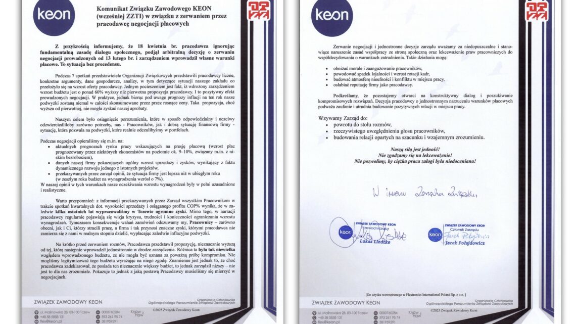Stanowisko KEON w związku z zerwaniem przez pracodawcę – Flex w Tczewie – negocjacji płacowych Stanowisko KEON w związku z zerwaniem przez pracodawcę – Flex w Tczewie – negocjacji płacowych