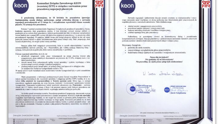 Stanowisko KEON w związku z zerwaniem przez pracodawcę – Flex w Tczewie – negocjacji płacowych